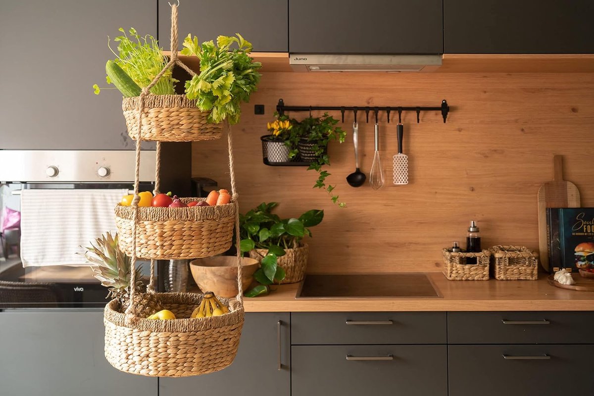 Hangende Fruitmand XXL - Etagère met 3 Manden van Waterhyacint - Fruitrek voor het bewaren van Groenten en Fruit