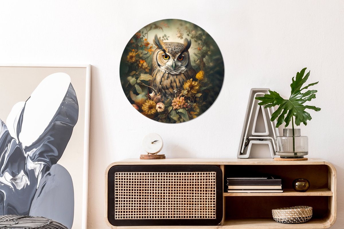 WallCircle® Wandcirkel 60x60 cm - Muurcirkel Uil - Vogels - Bloemen - Natuur - Portret - Dieren - Muurdecoratie woonkamer - Wanddecoratie slaapkamer - Kamer decoratie accessoires - Ronde schilderijen - Woonaccessoires cirkel binnen
