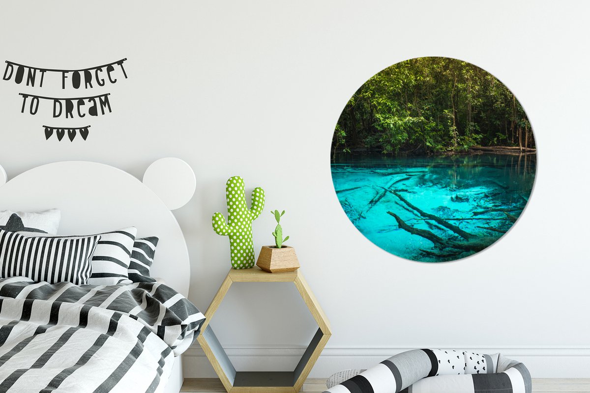 WallCircle - Wandcirkel ⌀ 90 - Helderblauw meer in de jungle - Ronde schilderijen woonkamer - Wandbord rond - Muurdecoratie cirkel - Kamer decoratie binnen - Wanddecoratie muurcirkel - Woonaccessoires