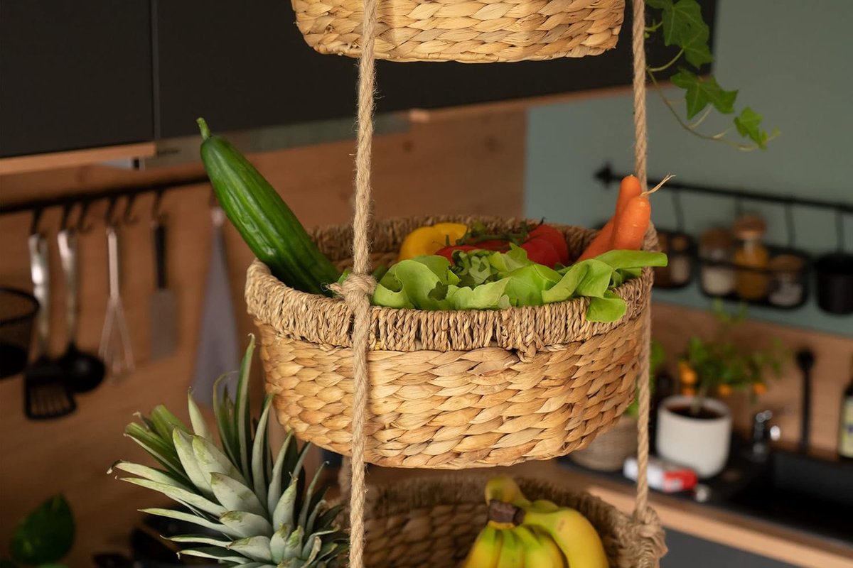 Hangende Fruitmand XXL - Etagère met 3 Manden van Waterhyacint - Fruitrek voor het bewaren van Groenten en Fruit