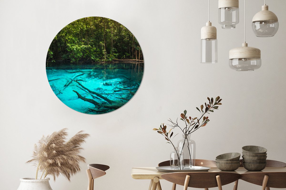 WallCircle - Wandcirkel ⌀ 90 - Helderblauw meer in de jungle - Ronde schilderijen woonkamer - Wandbord rond - Muurdecoratie cirkel - Kamer decoratie binnen - Wanddecoratie muurcirkel - Woonaccessoires
