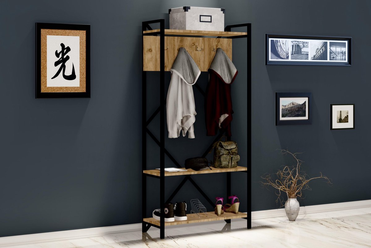 Multifunctioneel Garderoberek - Kapstok - Schoenenkast - Industrieel Hout en Metaal 180x90x34 - Houtlook en Staal - Schoenrek en Kapstok -