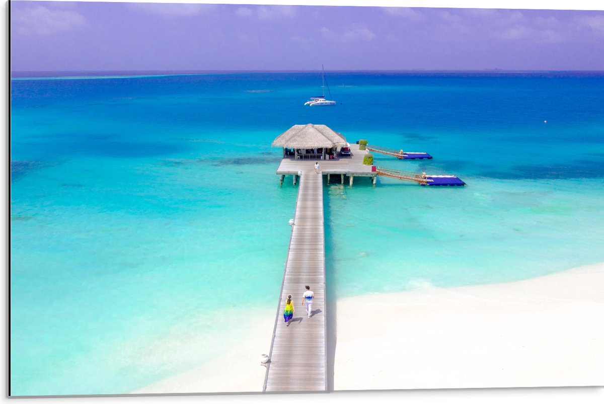 Dibond - Pier with House on Sea and Clear Blue Water - Maldives - 75x50 cm Photo on Aluminum (With Hanging System)