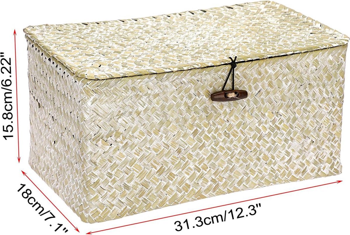 Rieten mand met deksel sweet living - Opbergmand Zeegras - Geweven rieten bureaumand - Rechthoekige opbergmand voor badkamer en woonkamer - Decoratieve onder plank mand - Multifunctionele opbergmand - Whitewash M Rieten mand met deksel sweet living