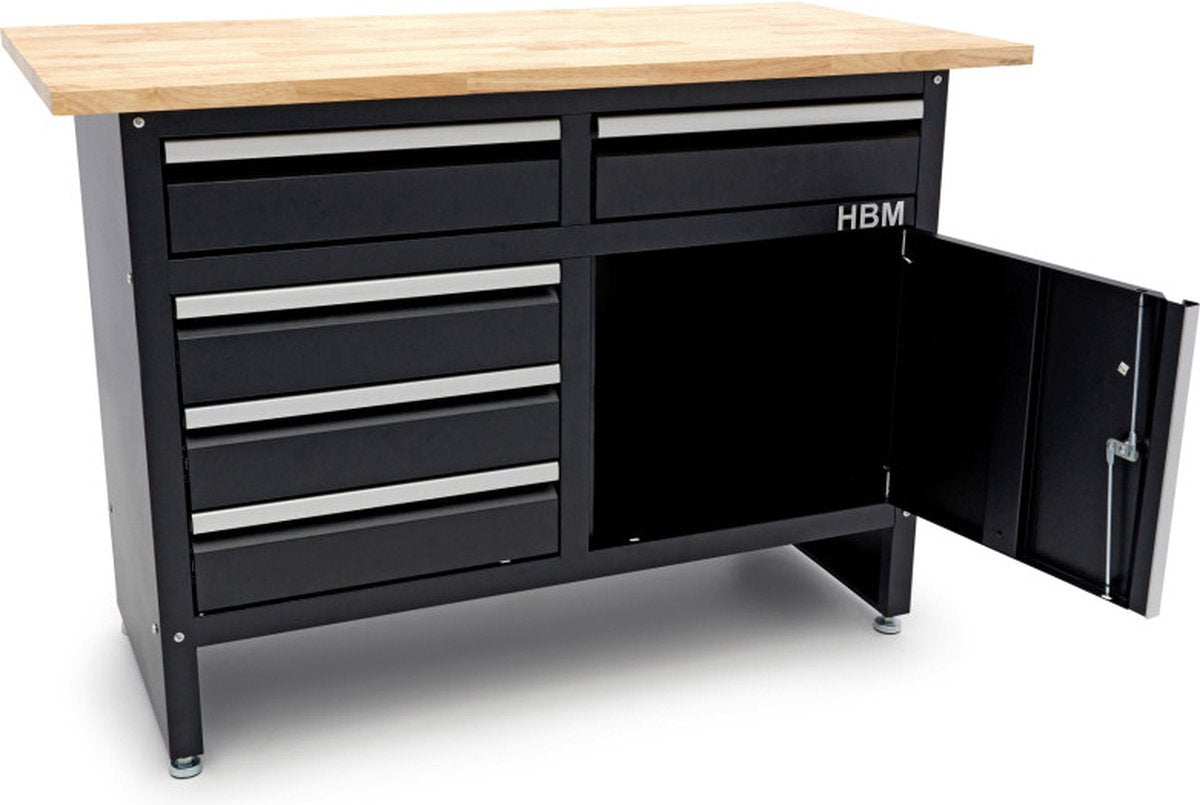 120 cm Werkbank met 5 laden, 1 deur en massief houten werkblad