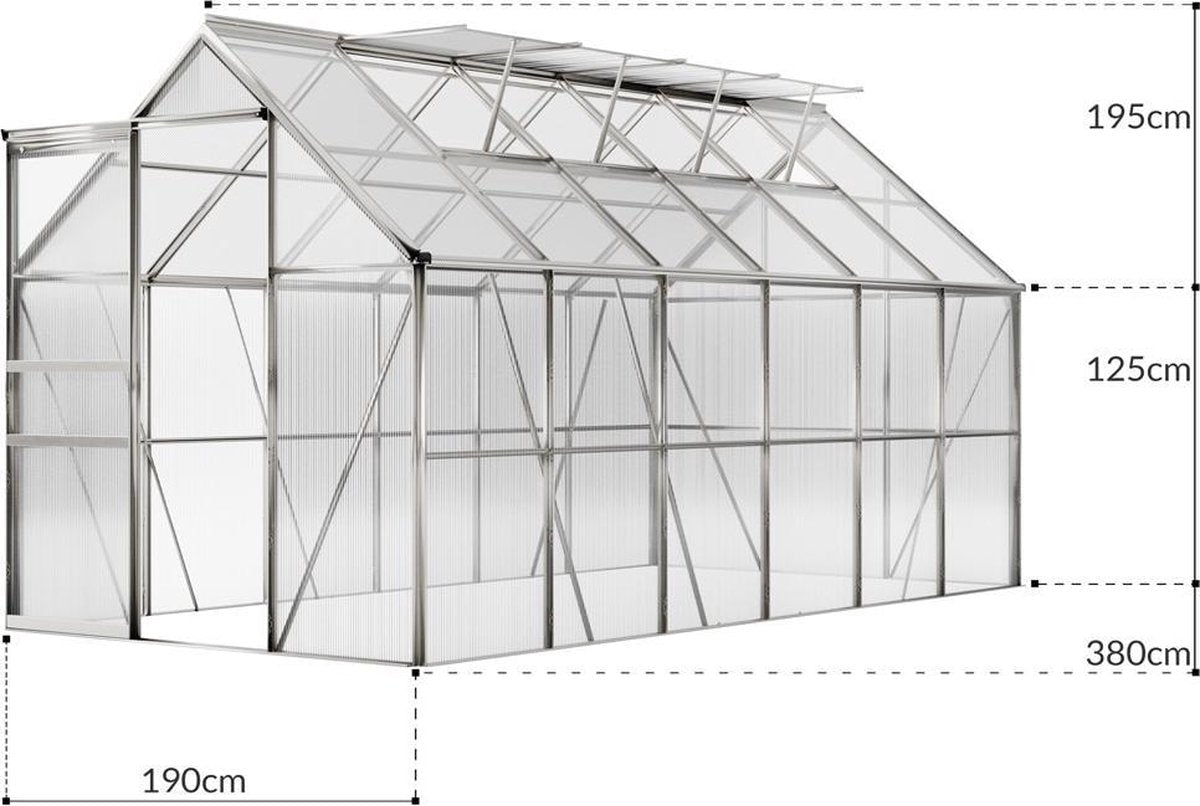 Tuinkas Aluminium - 7,2 m² 4 Dakramen Regengoot - 380x190cm
