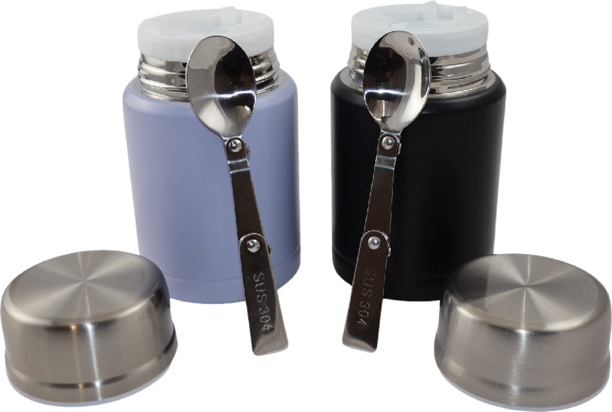 Lichtpaarse & Zwarte Thermos Voedselcontainer met Lepel x2 - Thermoskan - Voedselcontainer voor noedels, soep, havermout, ijs, babyvoeding en meer! - Yoghurtbeker to go - Thermosbeker voor het meenemen van eten - Lichtpaars & Zwart - 450ml