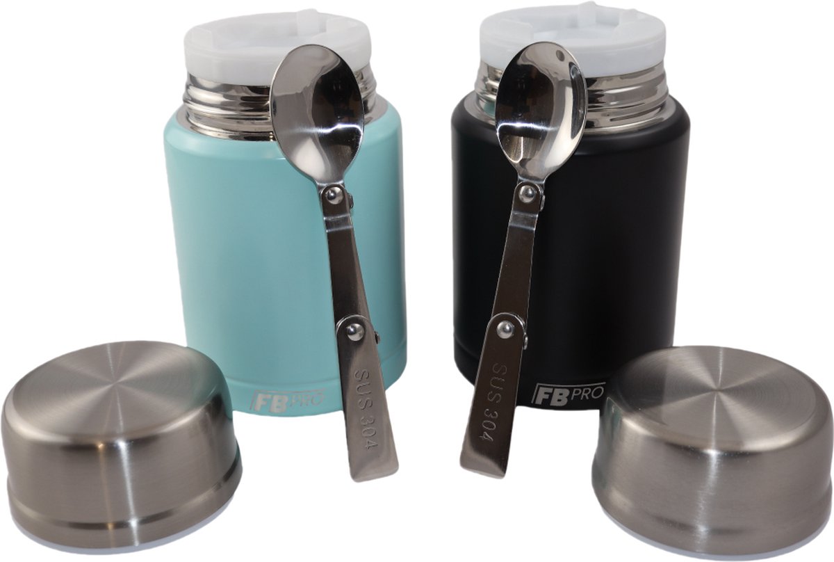 Light Blue & Black Thermos Food Container with Spoon x2 - Thermos Flask - Food container for noodles, soup, oatmeal, ice cream, baby food and more! - Yogurt cup to go - Thermos cup for taking food with you - Light Blue & Black - 450ml