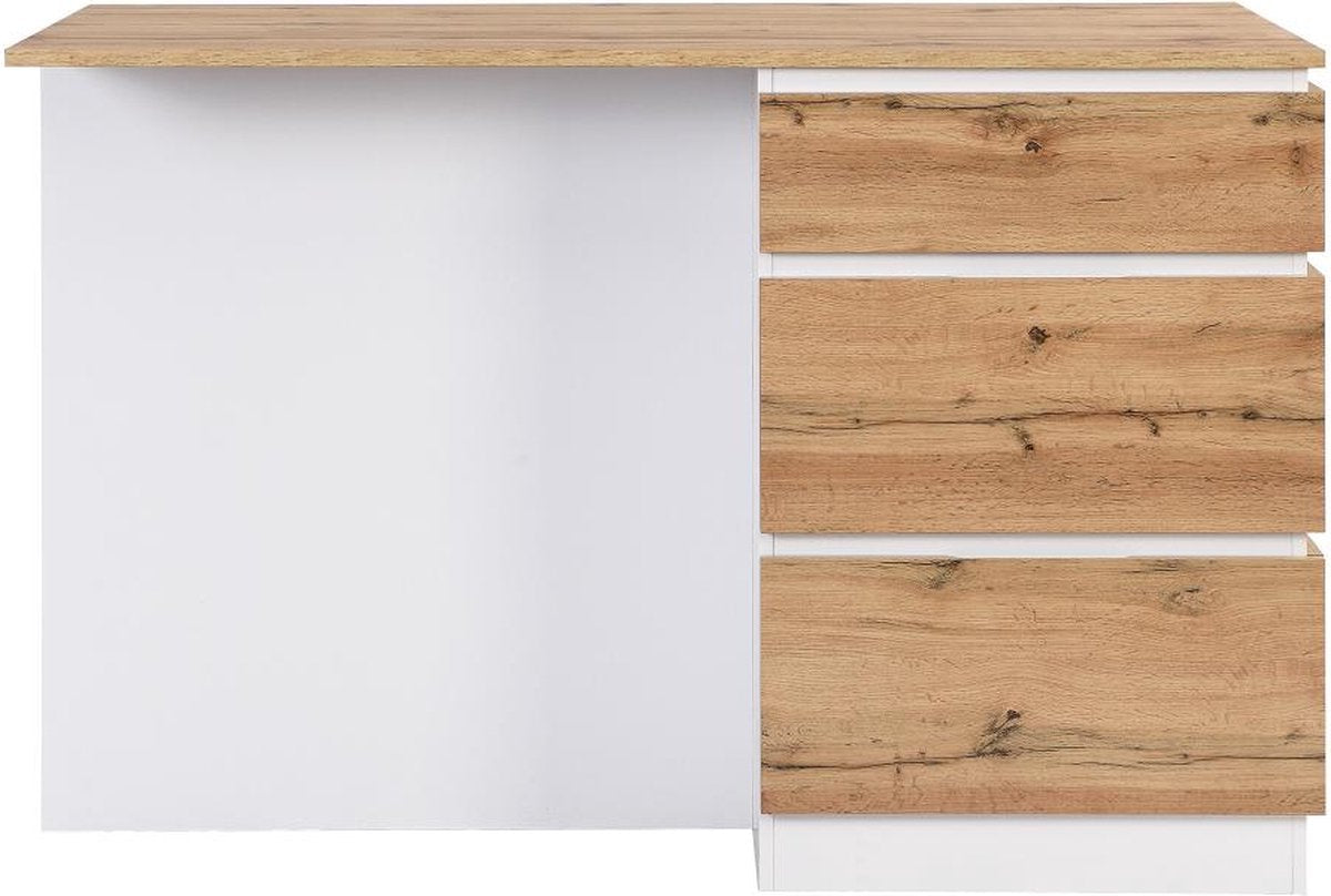 Vente-unique Centraal keukeneiland met 6 lades en 4 nissen van mdf - Licht naturel en wit - POMARELA L 140 cm x H 91 cm x D 80 cm