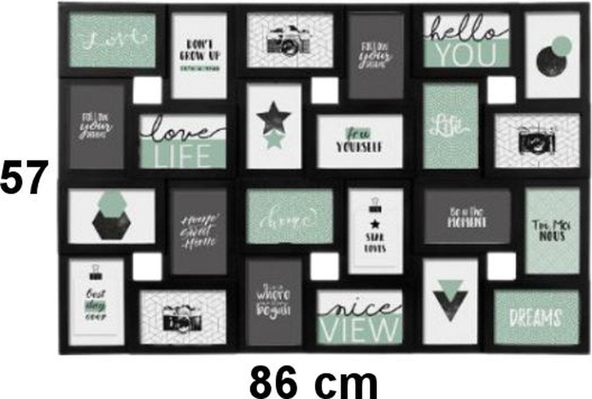 XL Fotolijst Collage voor 24 Foto's van 10x15 & 15x10 Cm - Fotolijsten - Fotolijst met 24 fotokaders - 86x2.2x57 Cm