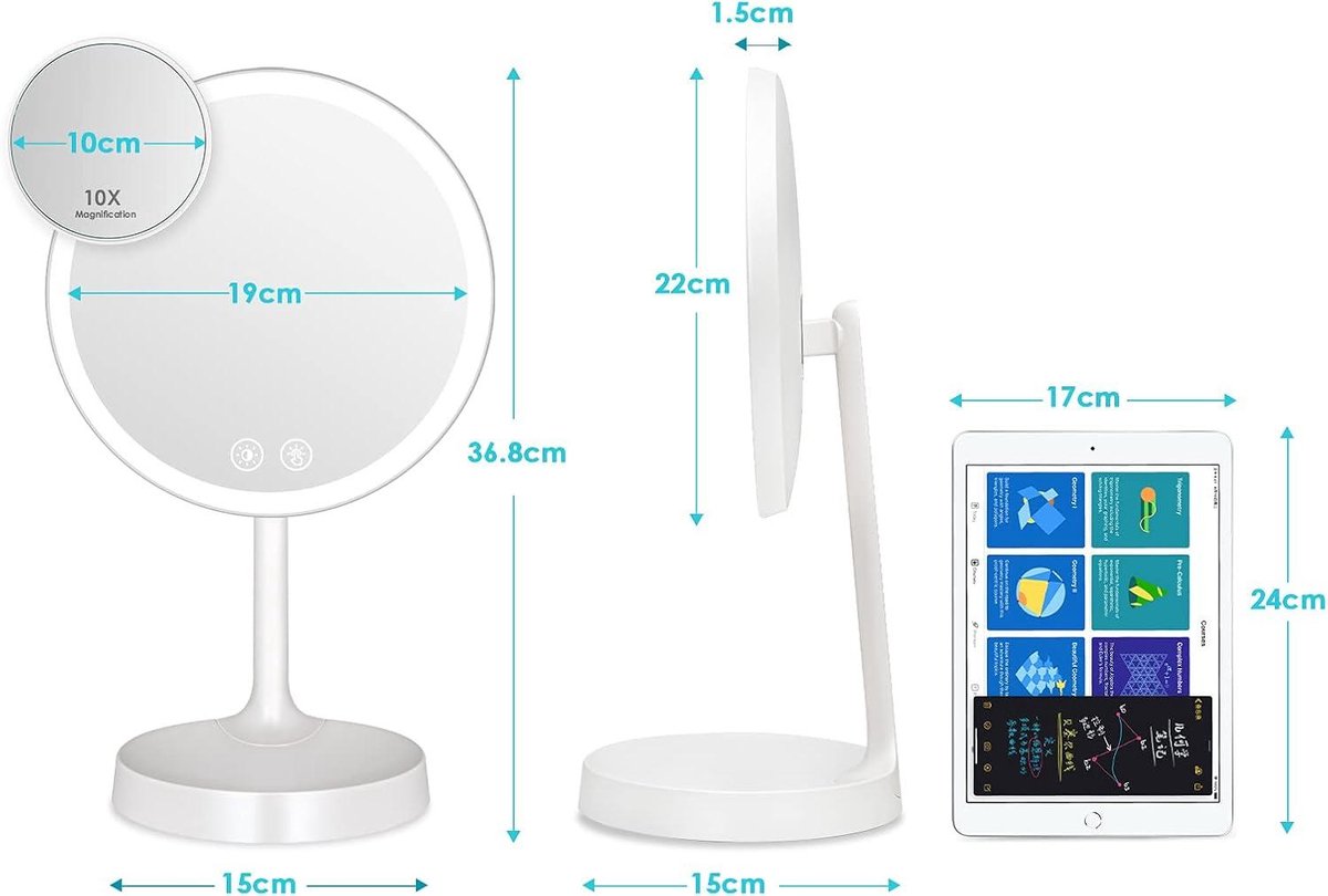 Make-upspiegel met LED-verlichting en aanraakschakelaar - Staande spiegel met lades en USB-voeding - Dimbaar en draaibaar