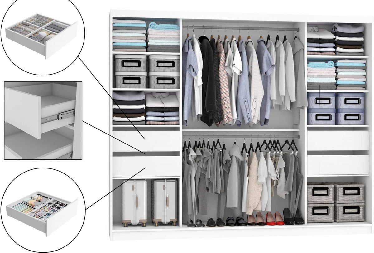 Wardrobe Bedroom White Black 235 cm-Sliding Door-Mirror-Drawers-Wardrobes-Sliding Door Wardrobe-Closet