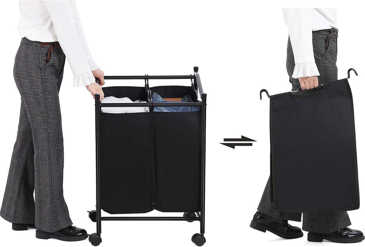 Laundry sorter with wheels - 2 compartments - laundry basket for laundry collector - laundry cart with removable bags - capacity 90 liters - black laundry sorter