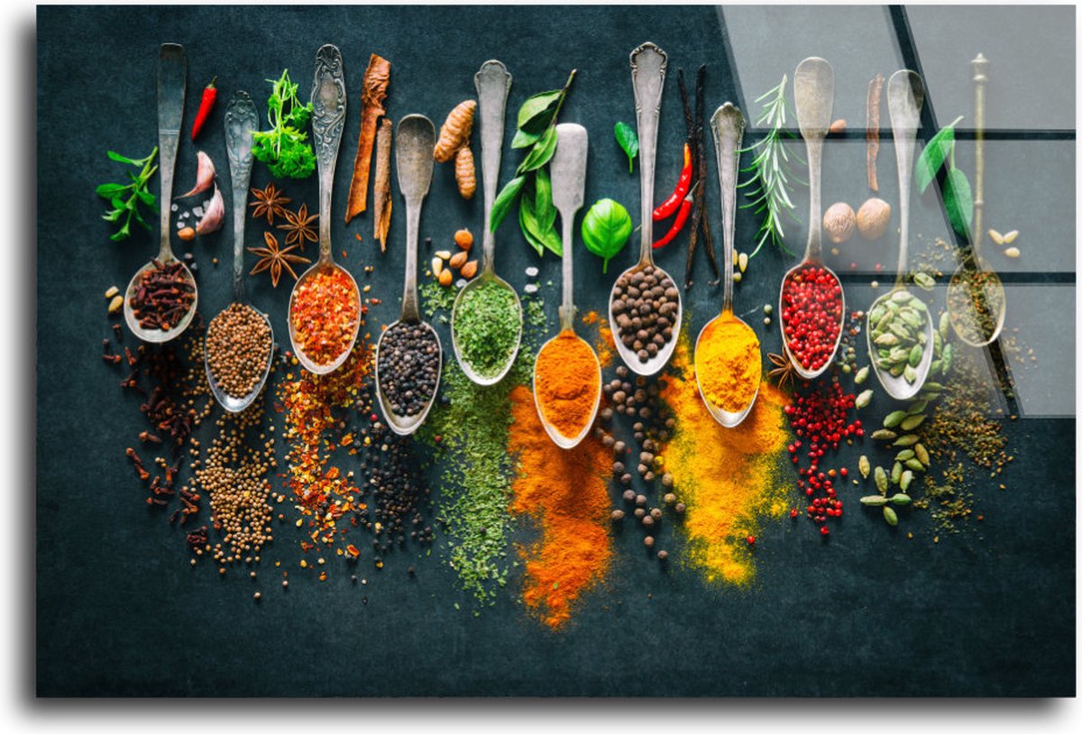 Glass painting Spices 9 Herbs | 80 x 60 cm | Acrylic Glass Paintings | Durable Product | Photo on Glass | Wall Decoration
