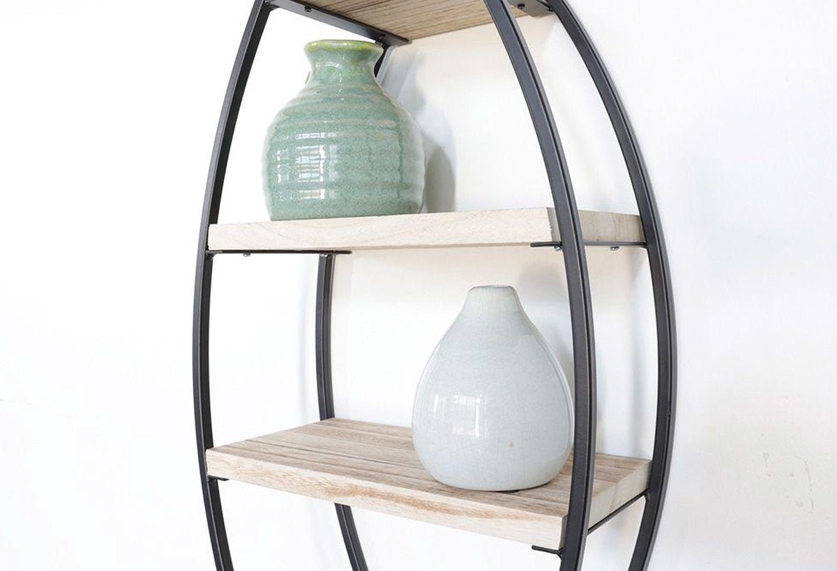 Black Metal Oval Wall Rack with 4 Wooden Shelves - 26x60x12 cm