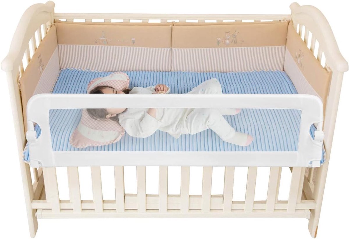Bedhekje, 150 x 40 x 42cm, opklapbaar veiligheidsbedhek voor peuters, kinderen & baby's, neerklapbaar hek voor converteerbare wieg, tweelingbed, twijfelaar, en eenpersoons-, tweepersoons-, queensize en kingsize bedden (wit, 150 x 40 x 42cm)