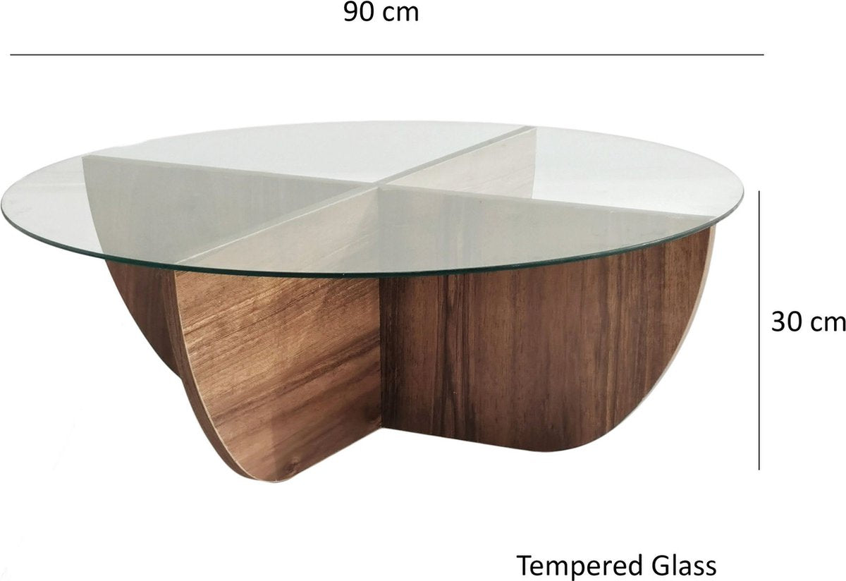 Salontafel halfrond glas hout - walnoot - 90x30 cm - gehard glas - Retro - bijzettafel rond glas