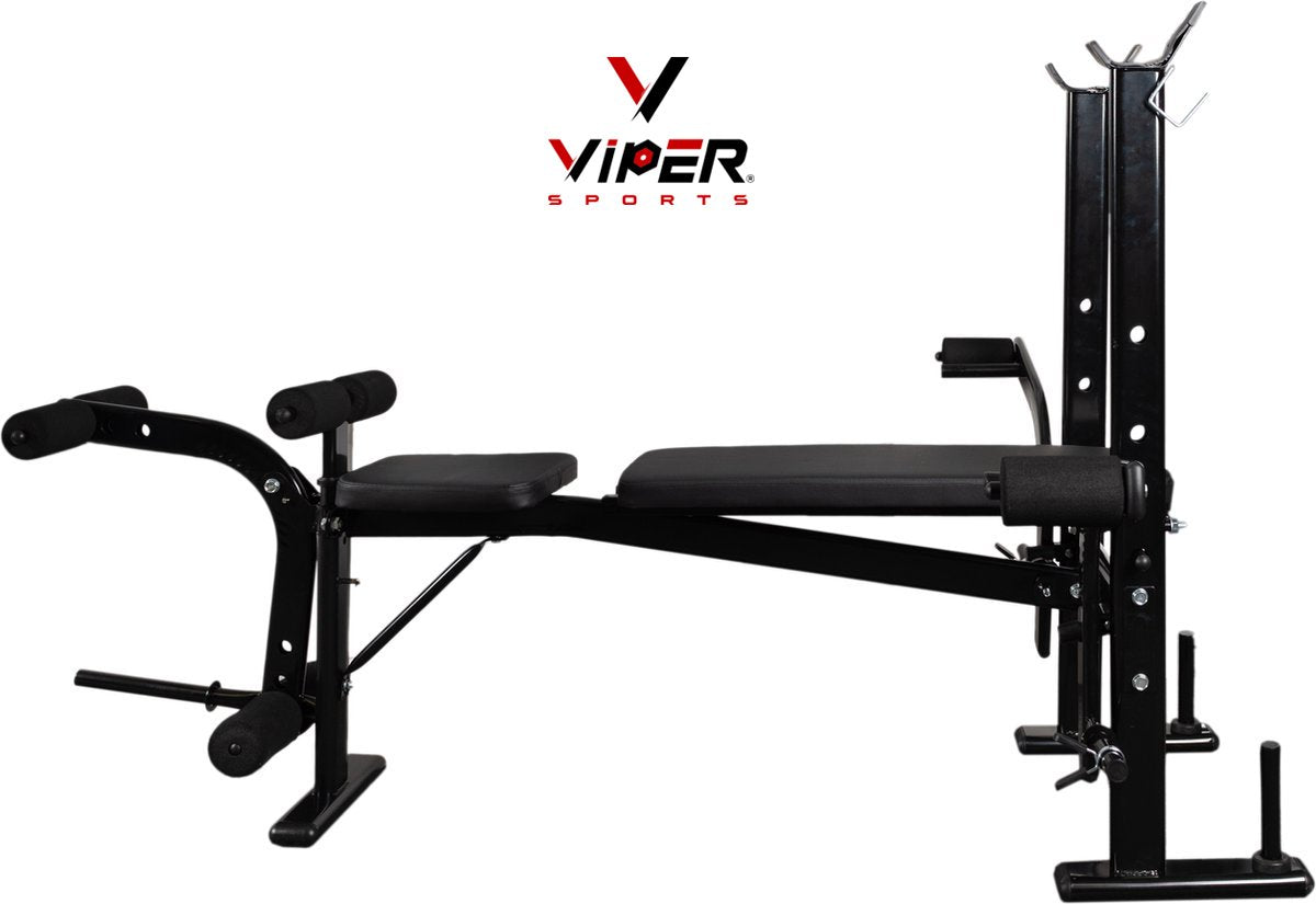Viper Sports halterbank – Fitnessbank – Verstelbare rugleuning – Uiterst geschikt voor gewichten – Incl. Beenhouder – Zachte handgrepen – PU kussens – Triangel structuur – Inklapbaar - Zwart - 182x116x112cm