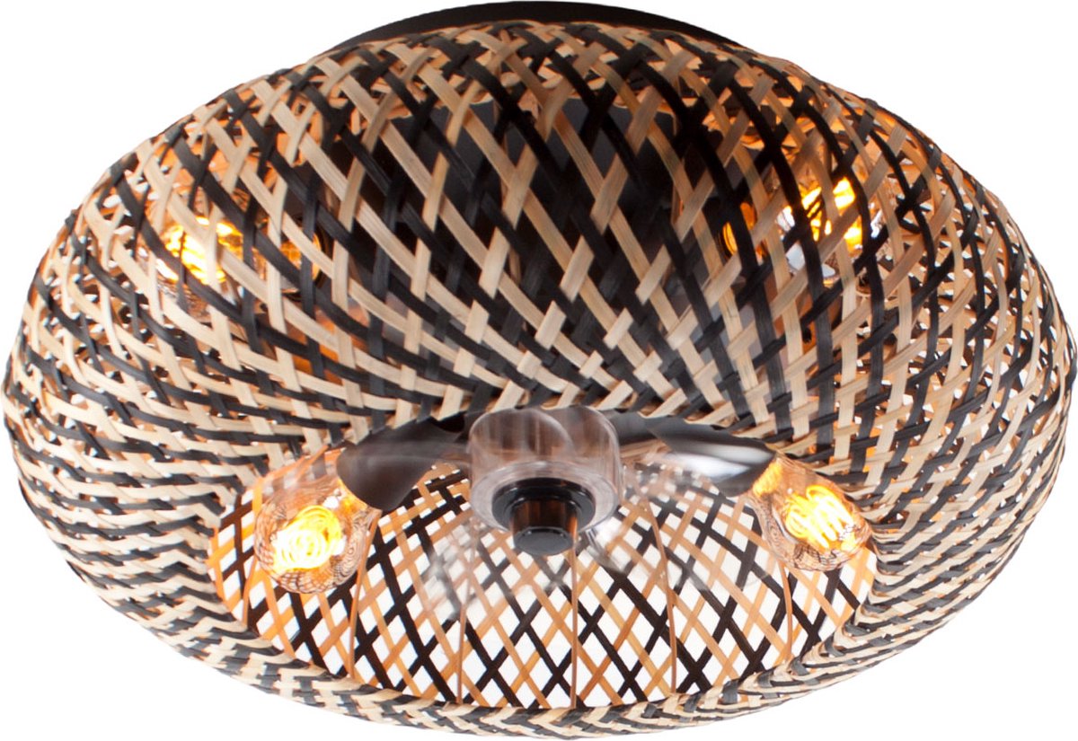 Ceiling fan with light - Rattan natural / black Ø 50 cm
