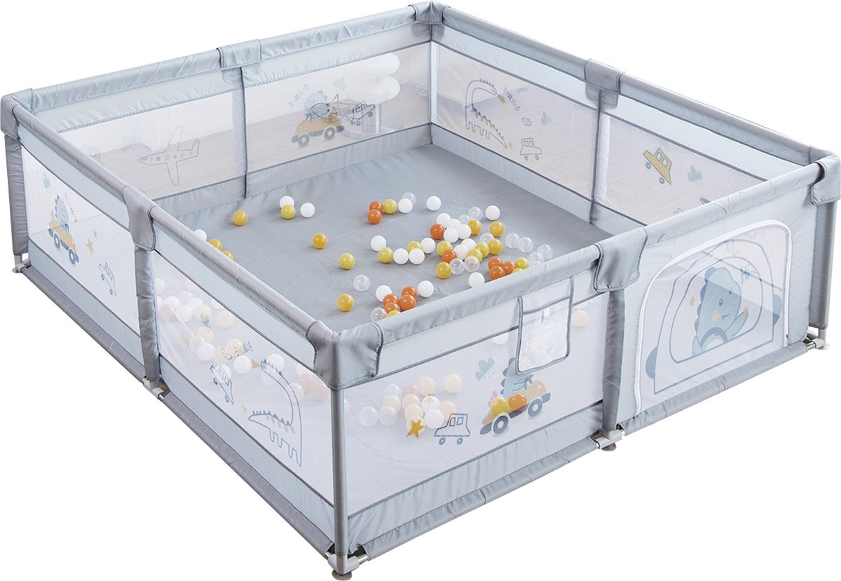 Box - Afsluitrooster met ademend Net - Indoor Speelcentrum - Babybox - met Ritssluiting - 200 x 180 x 65cm - Grijs