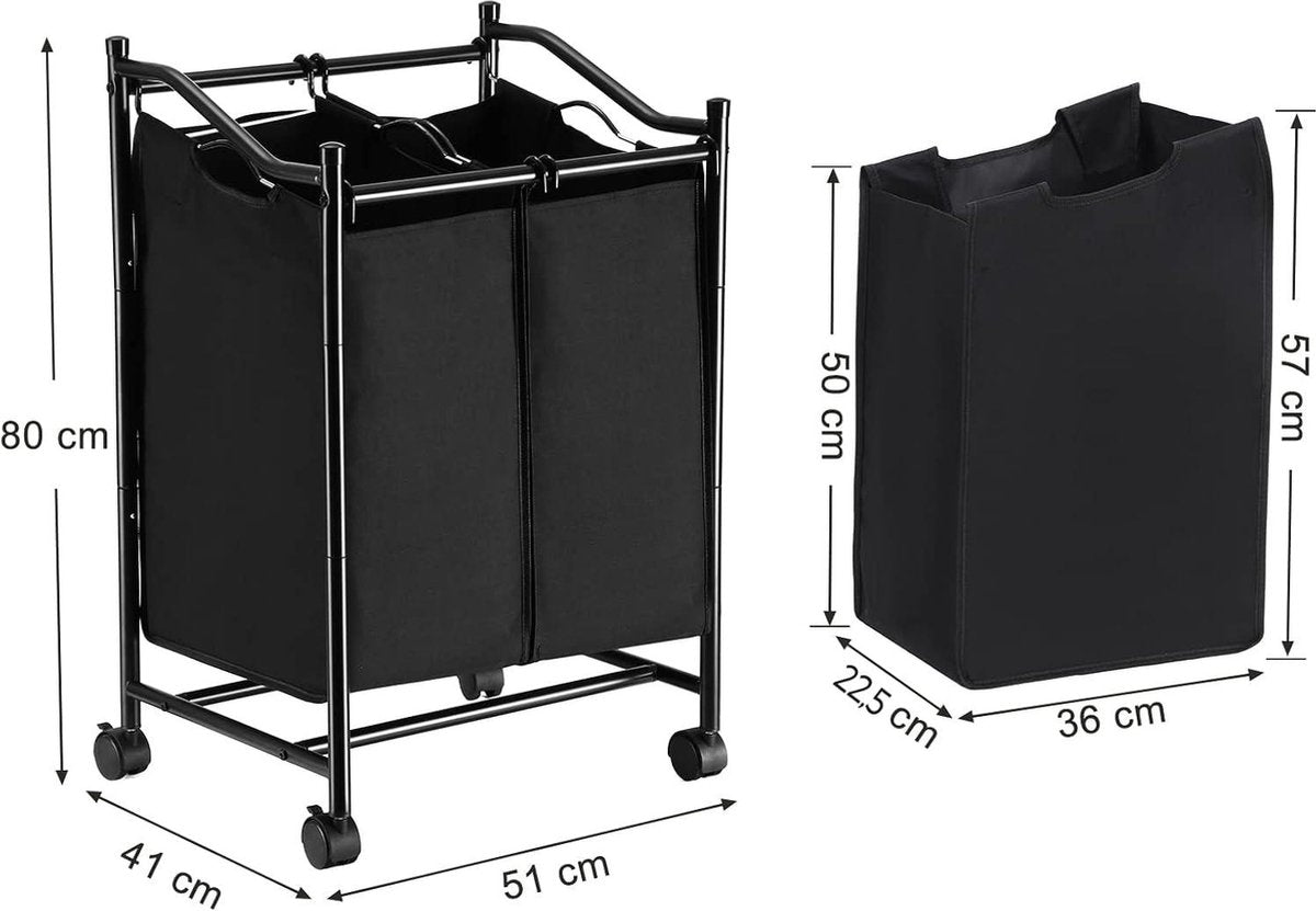 Laundry sorter with wheels - 2 compartments - laundry basket for laundry collector - laundry cart with removable bags - capacity 90 liters - black laundry sorter
