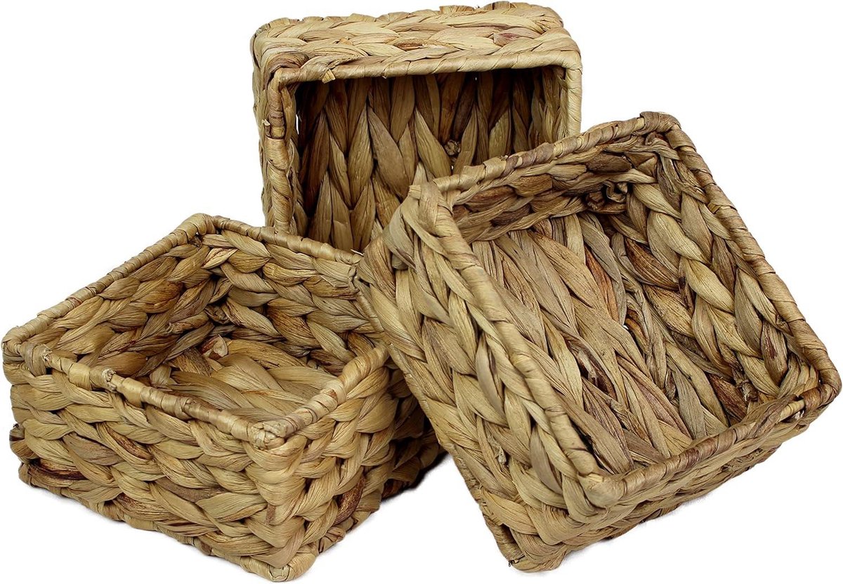 Square Water Hyacinth Small Baskets for Storage - Natural Color Woven Basket Open Shelves - Decorative Gift Box - Small Bathroom Mini Drawer Makeup Bathroom - Kitchen Organizer - Small 14cm 3 x Basket - HTML content needed