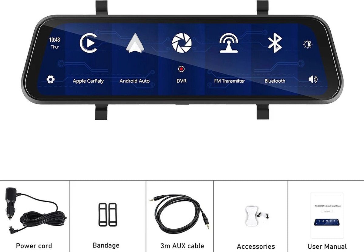 Nique Dashcam voor auto - 4K Carplay - Android Auto - Voor- en achtercamera - Navigatie - Spiegel - Zwart