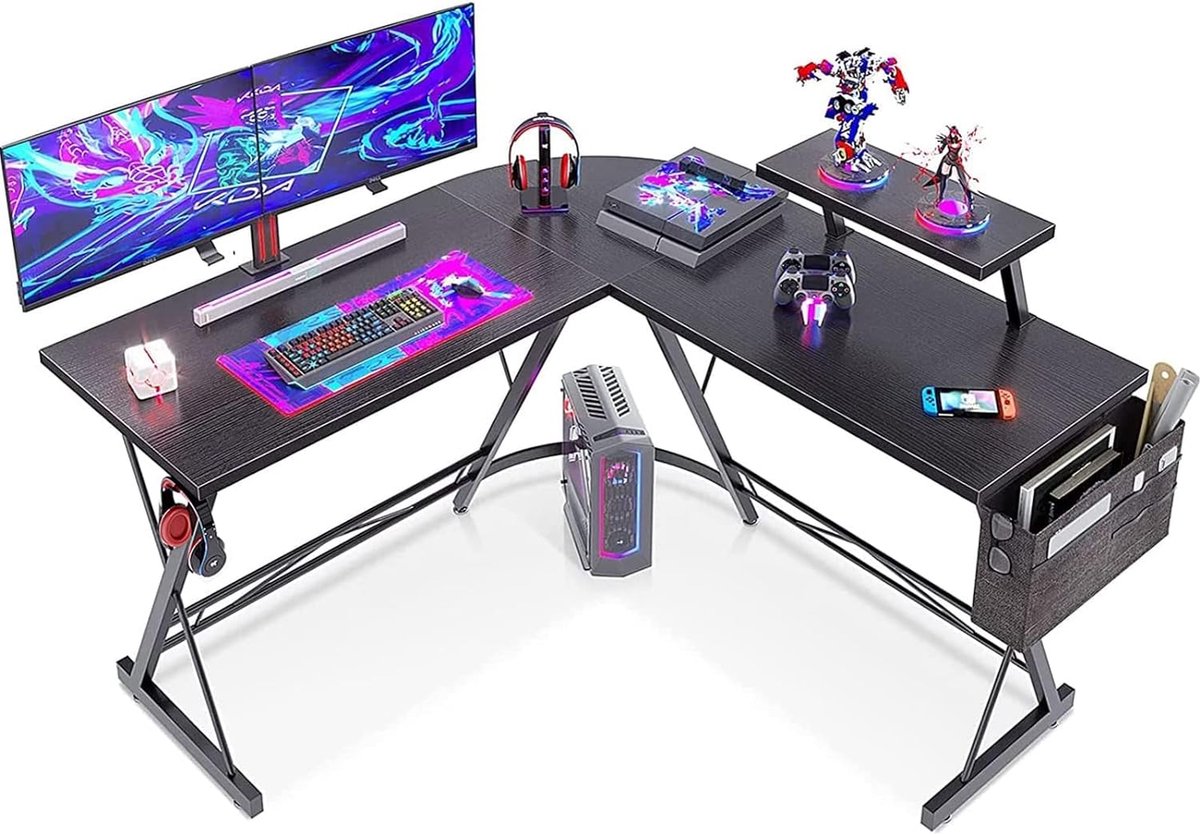 Gamebureau – L-Vormig Hoekbureau – Gaming Desk – Computertafel – Waterdicht & Krasbestendig Gaming Bureau – 130x130x96,5 cm – Gametafel met Monitorstandaard – Eikenhout Bureaublad – Verstelbaar Werktafel – Zwart
