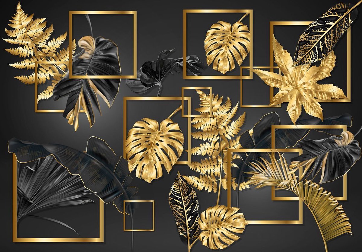 Fotobehang - Vliesbehang - Zwarte en Gouden Jungle Bladeren Kunst - 208 x 146 cm