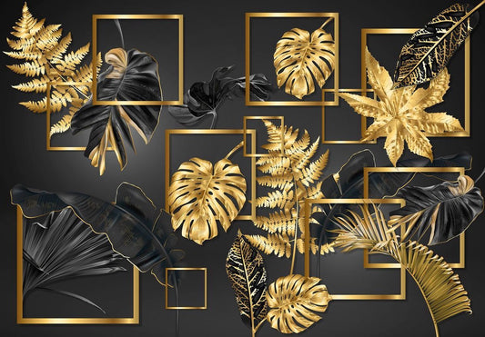 Fotobehang - Vliesbehang - Zwarte en Gouden Jungle Bladeren Kunst - 208 x 146 cm