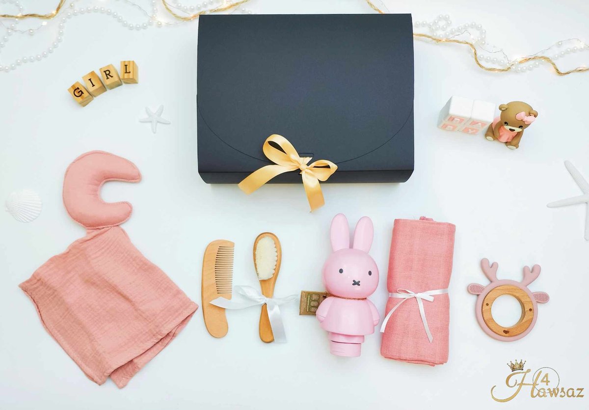 Kraamcadeaus voor meisje 7 stuks - Hawsaz.nl cadeau - Babygeschenksets - Geboortecadeau - babyshower - Babyset - Baby knuffeldoekje - Speenkoord - Babygeschenk - babyspeelgoed - Babyverzorging - Nijntje - Gepersonaliseerd