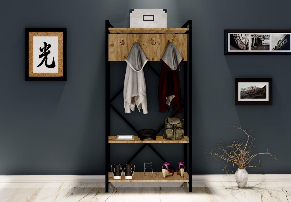 Multifunctioneel Garderoberek - Kapstok - Schoenenkast - Industrieel Hout en Metaal 180x90x34 - Houtlook en Staal - Schoenrek en Kapstok -