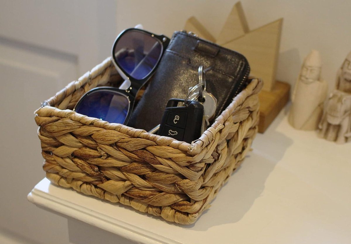 Square Water Hyacinth Small Baskets for Storage - Natural Color Woven Basket Open Shelves - Decorative Gift Box - Small Bathroom Mini Drawer Makeup Bathroom - Kitchen Organizer - Small 14cm 3 x Basket - HTML content needed