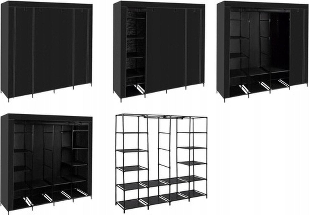 Fabric Wardrobe XXL 170 x 170 x 42 cm - Camping Cabinet - 14 Shelves - 3 Doors - 2 Hanging Rails - Black
