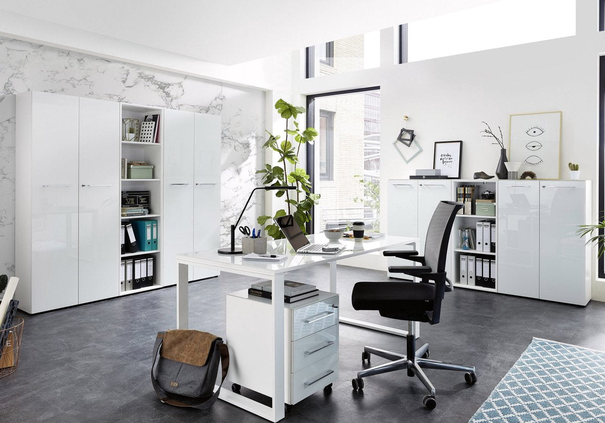 Tall closed office cabinet Destin White - Width 80 cm - Height 196 cm - Depth 37 cm - With shelves - With hinged doors