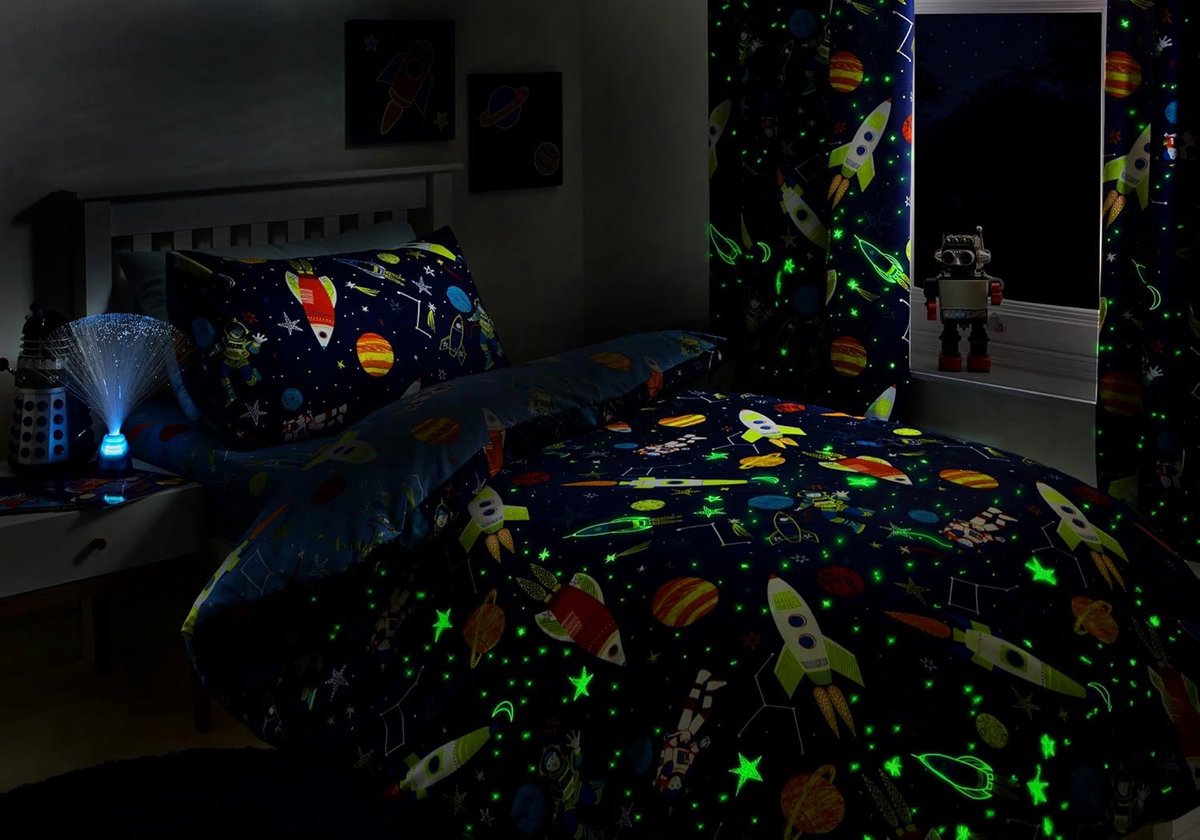 Bedlam Supersonic Glow in the Dark Dekbedovertrekset, 52% polyester, 48% katoen, blauw, dekbedovertrekset: eenpersoons