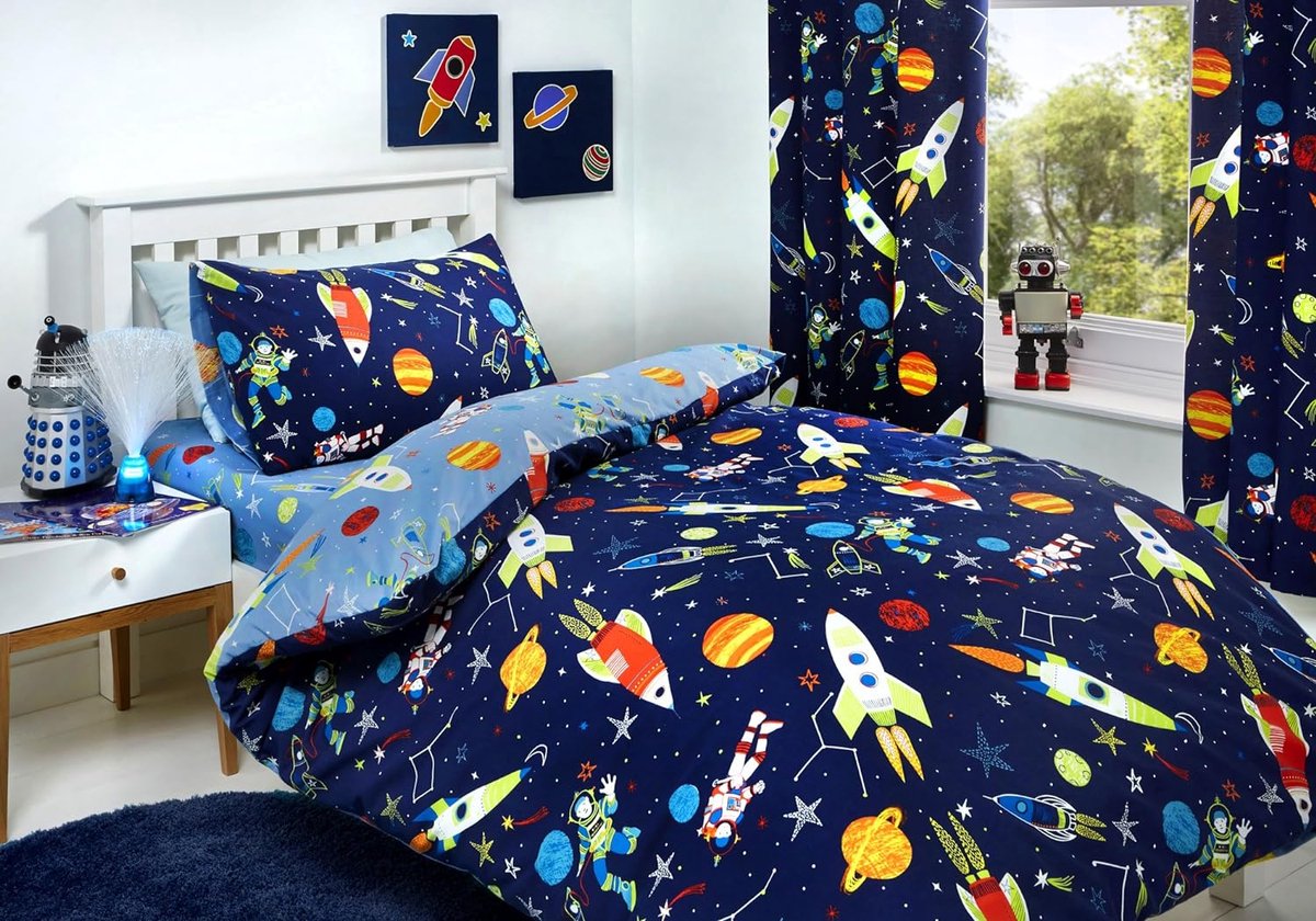 Bedlam Supersonic Glow in the Dark Dekbedovertrekset, 52% polyester, 48% katoen, blauw, dekbedovertrekset: eenpersoons