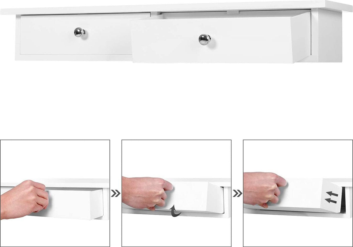 Wandplank, zwevende plank met 2 lades, hoogglans oppervlak, belastbaar tot 15 kg, 65 x 15 x 10 cm, hal, woonkamer en keuken, wit LWS65WT