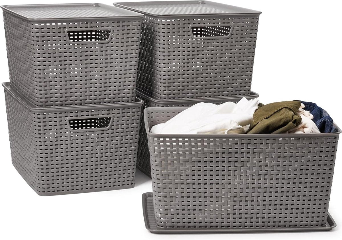 20 l opbergmand met deksel van kunststof, 5-delige set, mand, opbergkist in rotanlook voor keuken, kledingkast, kast