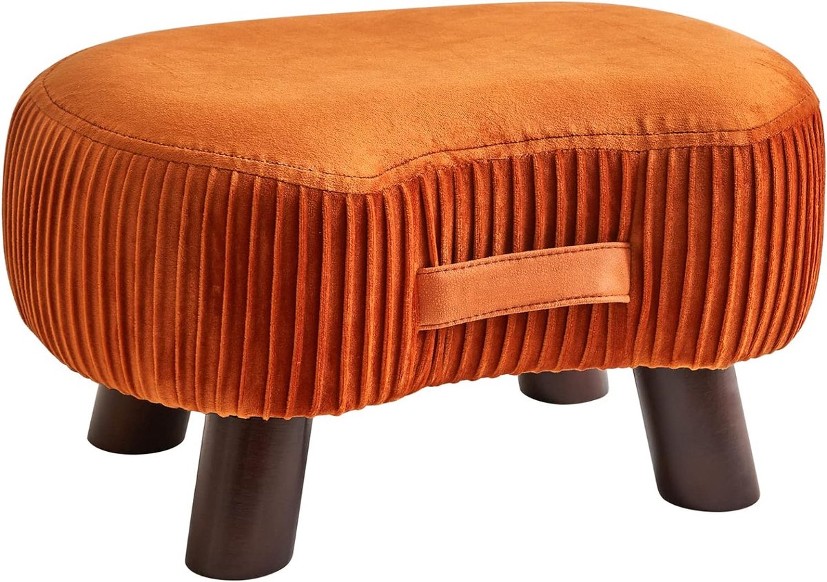 Footstool, bench with handle, curved step stool with soft seat cushion, velvet padded stool, solid wood, for living room, children's room, 40 x 28 x 23 cm, orange