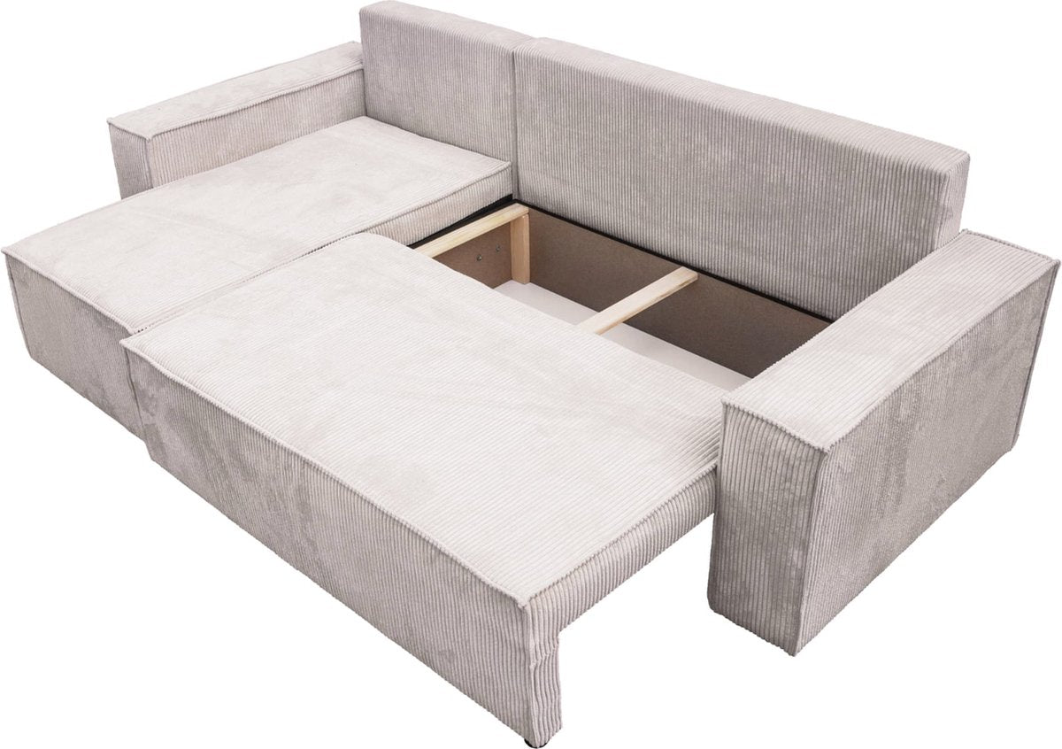 Hoekbank Carlos Beige - Hoeksalon Met Bed en Opbergruimte Corduroy Ribstof - Karl hoekzetel Universele lounge links of rechts