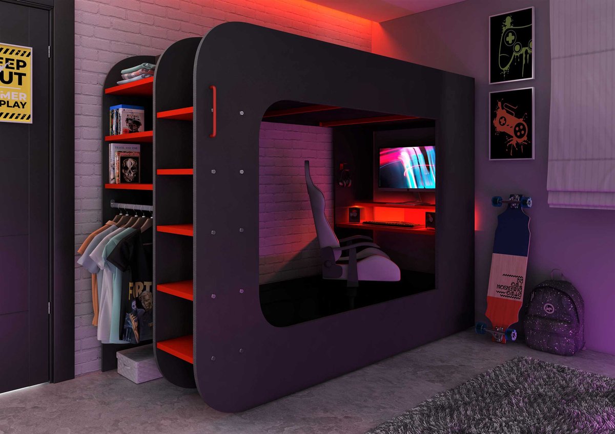 Hoogslaper 90 x 200 cm - Met gamingbureau en opbergruimte - LED's - Antraciet & rood - WARRIOR B 238.1 cm x H 183.6 cm x D 97.6 cm