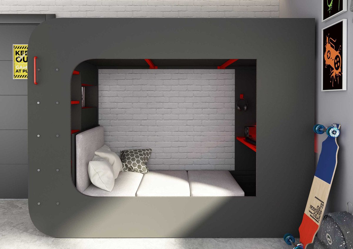 Hoogslaper 90 x 200 cm - Met gamingbureau en opbergruimte - LED's - Antraciet & rood - WARRIOR B 238.1 cm x H 183.6 cm x D 97.6 cm
