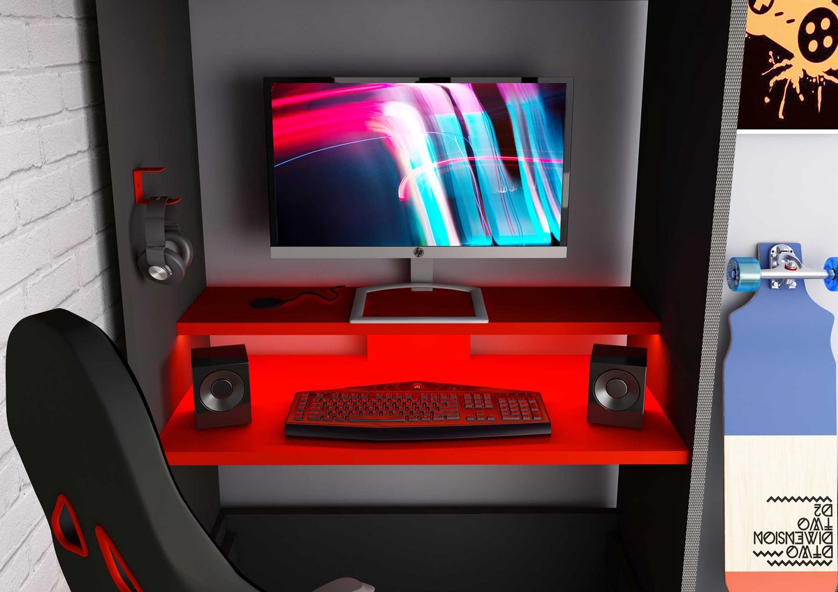 Hoogslaper 90 x 200 cm - Met gamingbureau en opbergruimte - LED's - Antraciet & rood - WARRIOR B 238.1 cm x H 183.6 cm x D 97.6 cm