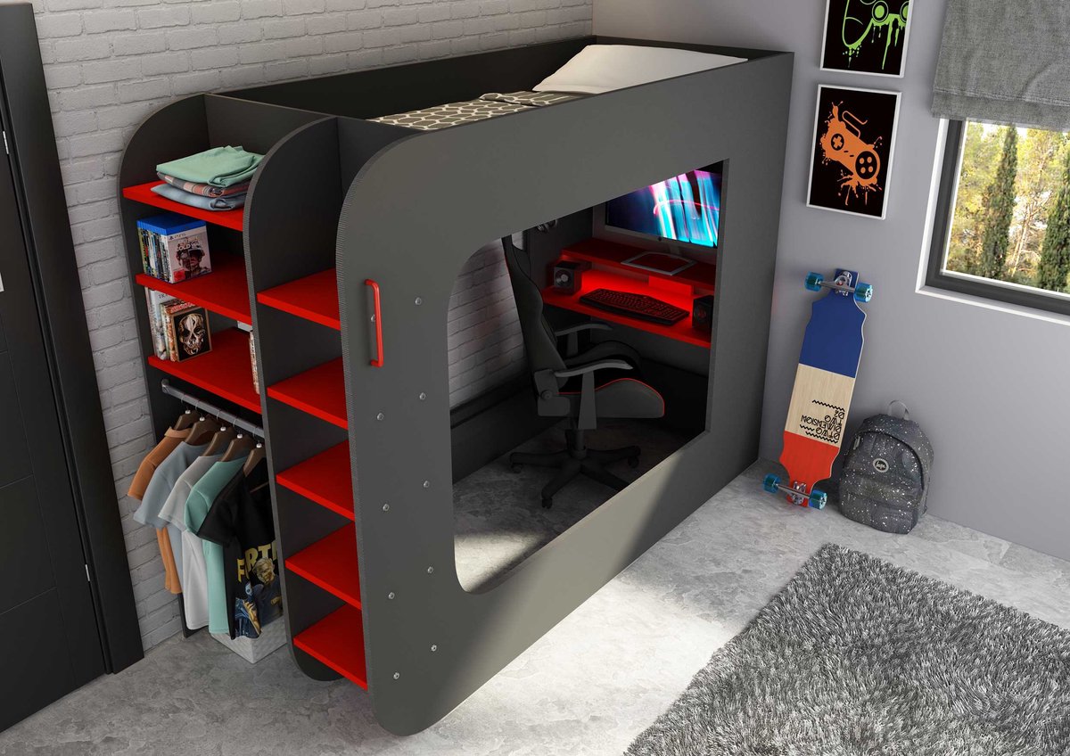 Hoogslaper 90 x 200 cm - Met gamingbureau en opbergruimte - LED's - Antraciet & rood - WARRIOR B 238.1 cm x H 183.6 cm x D 97.6 cm