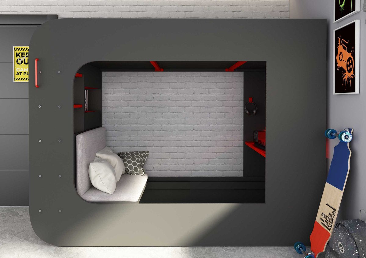 Hoogslaper 90 x 200 cm - Met gamingbureau en opbergruimte - LED's - Antraciet & rood - WARRIOR B 238.1 cm x H 183.6 cm x D 97.6 cm