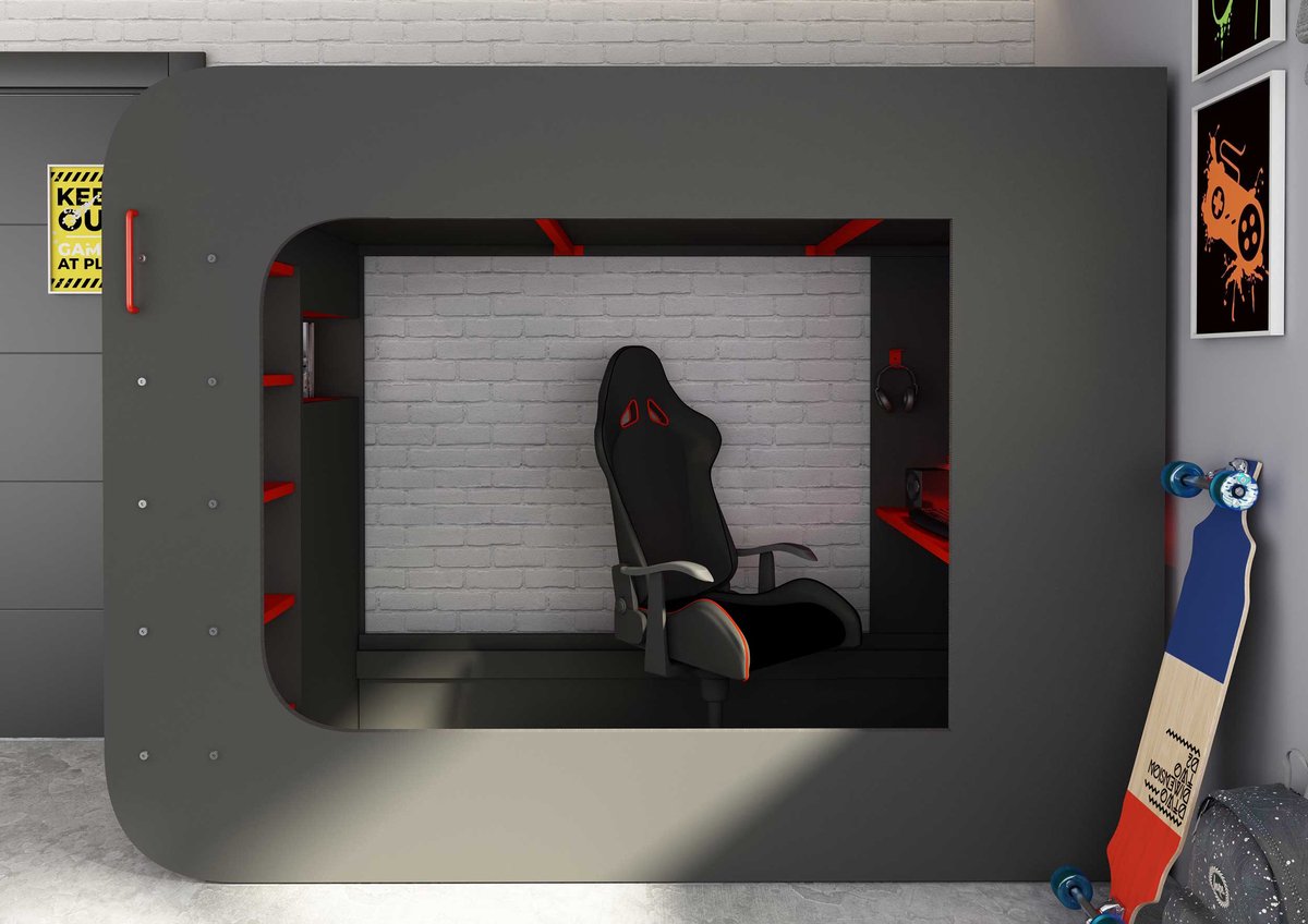 Hoogslaper 90 x 200 cm - Met gamingbureau en opbergruimte - LED's - Antraciet & rood - WARRIOR B 238.1 cm x H 183.6 cm x D 97.6 cm