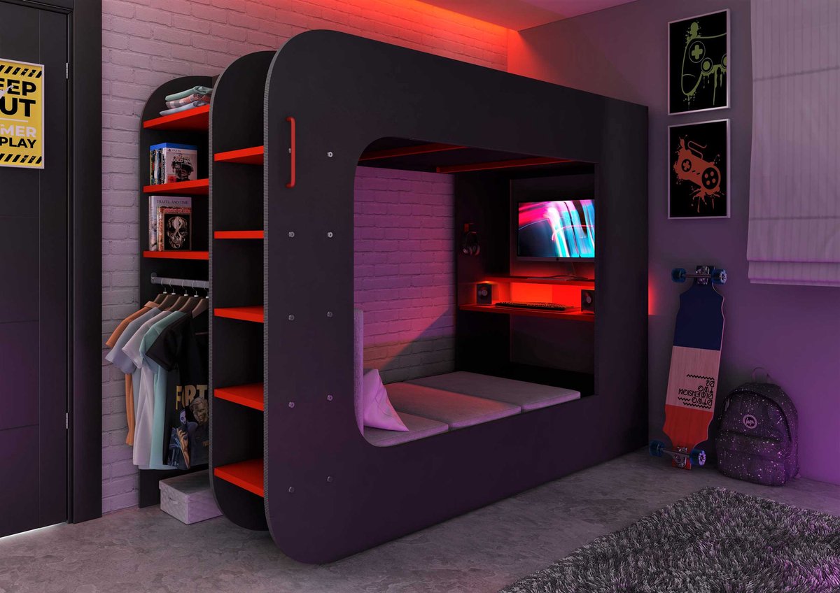 Hoogslaper 90 x 200 cm - Met gamingbureau en opbergruimte - LED's - Antraciet & rood - WARRIOR B 238.1 cm x H 183.6 cm x D 97.6 cm