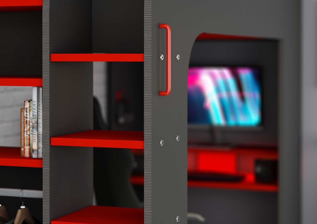 Hoogslaper 90 x 200 cm - Met gamingbureau en opbergruimte - LED's - Antraciet & rood - WARRIOR B 238.1 cm x H 183.6 cm x D 97.6 cm