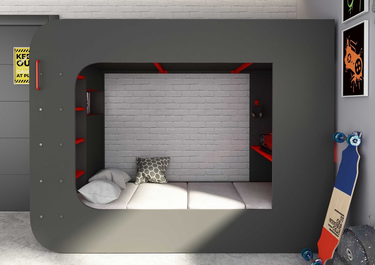 Hoogslaper 90 x 200 cm - Met gamingbureau en opbergruimte - LED's - Antraciet & rood - WARRIOR B 238.1 cm x H 183.6 cm x D 97.6 cm
